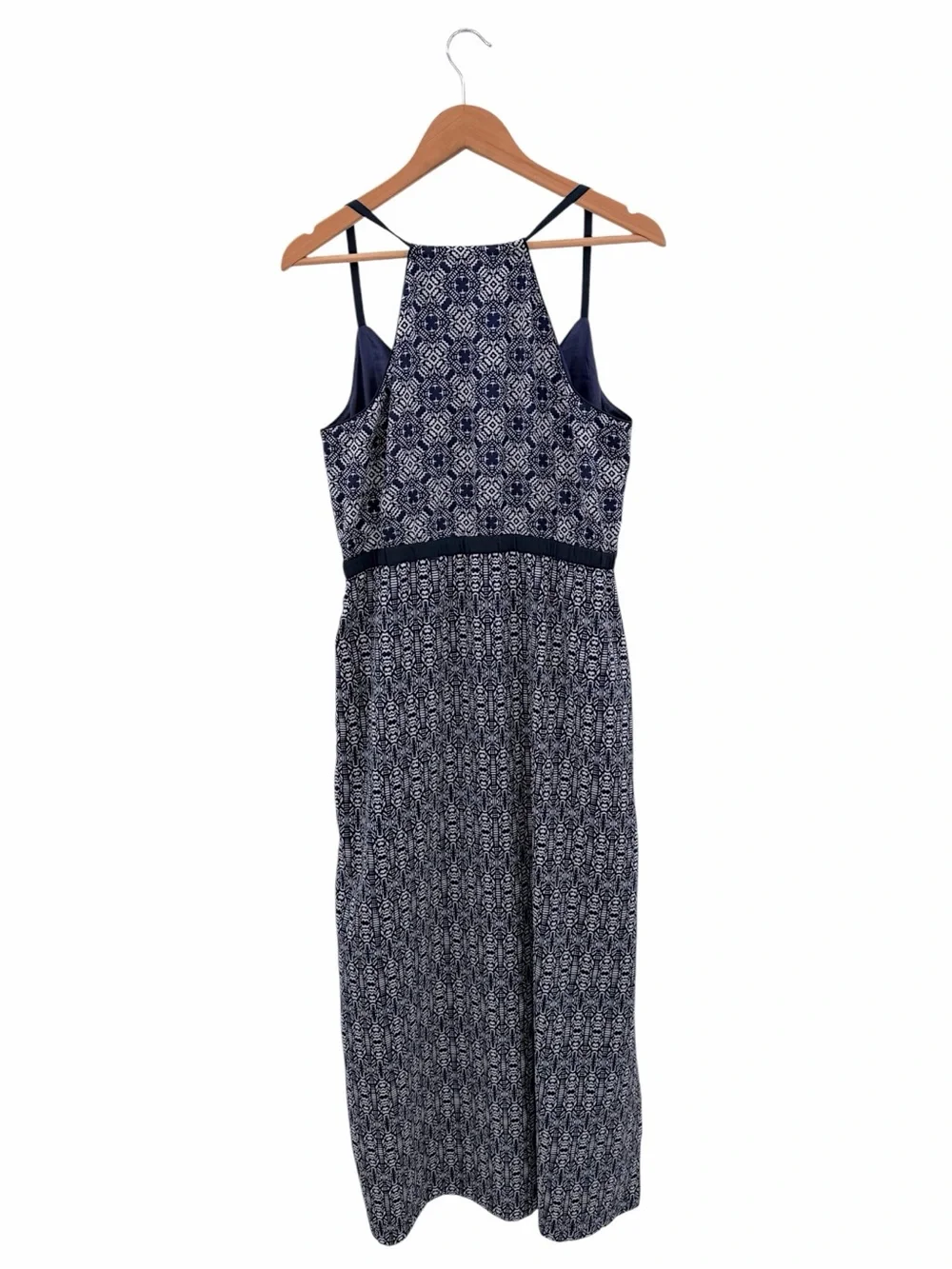 J.Crew Navy White Geometric Print Strappy Maxi Dress Side Slit Size 12